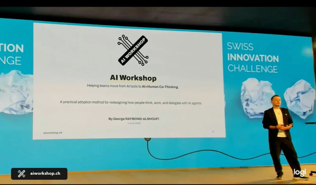 George Raymond-Alshoufi presenting AI Workshop Switzerland on stage at the Swiss Innovation Challenge 2026 pitch event