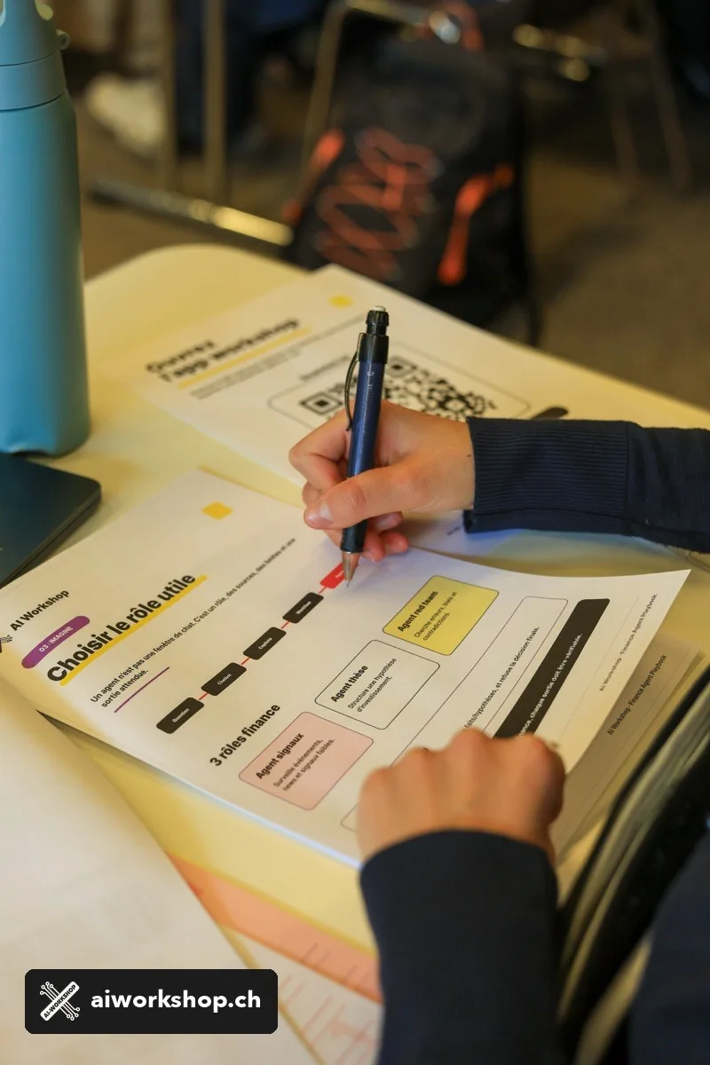 A participant completing a finance workflow worksheet during an AI Workshop session at UNIL in Lausanne